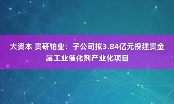 大资本 贵研铂业：子公司拟3.84亿元投建贵金属工业催化剂产业化项目